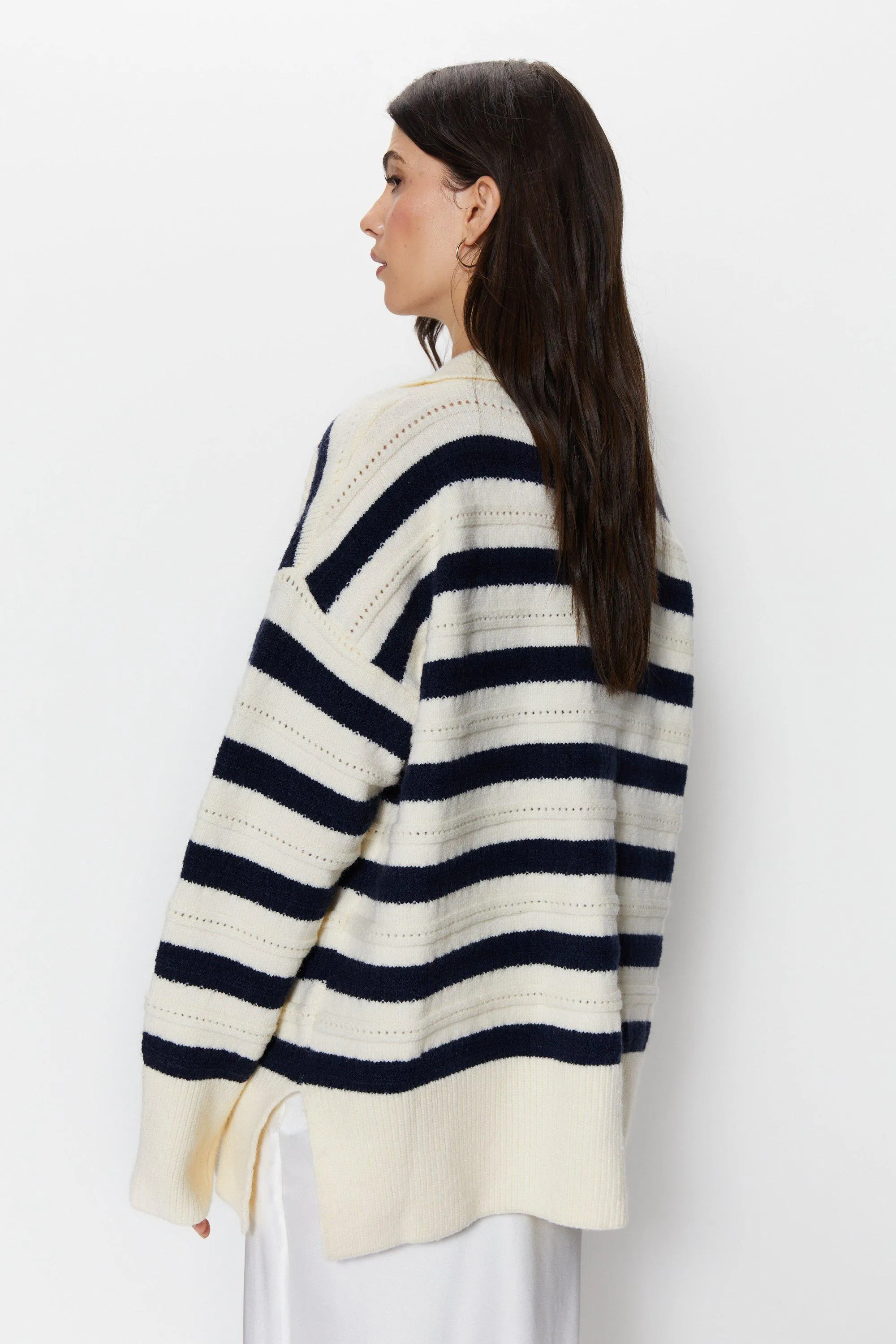 Striped Collared Oversized Jumper - Warehouse