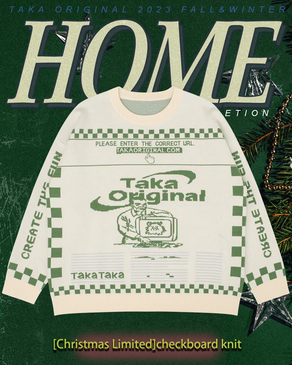 TAKA Original Moody Bob mosaic checkboard knit jumper green