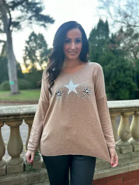 Sparkling Star V-Neck Knit Top in Tan