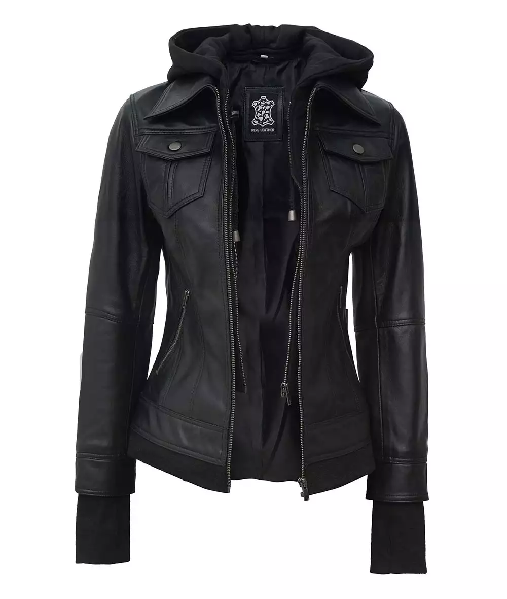 The Céleste: Womens Tall Black Bomber Leather Jacket With Removable Hood