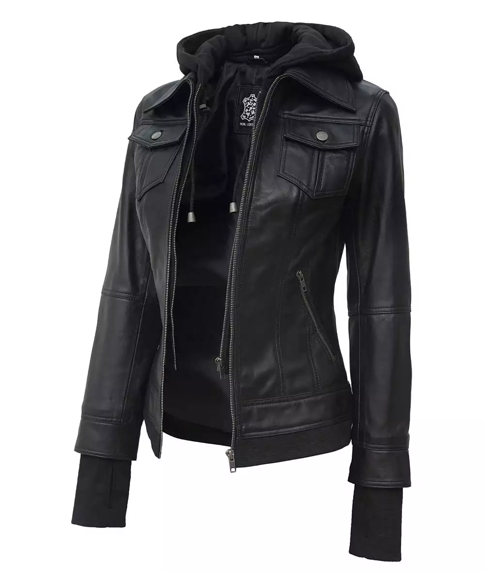 The Céleste: Womens Tall Black Bomber Leather Jacket With Removable Hood