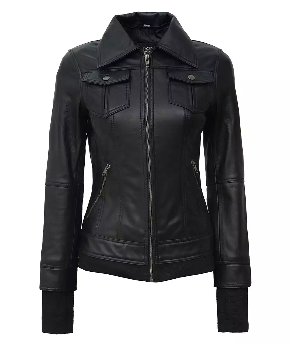 The Céleste: Womens Tall Black Bomber Leather Jacket With Removable Hood