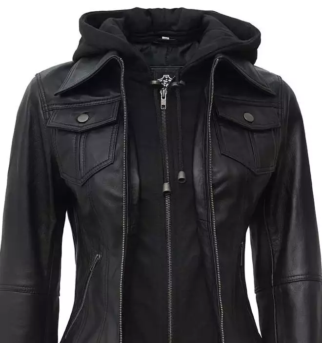 The Céleste: Womens Tall Black Bomber Leather Jacket With Removable Hood