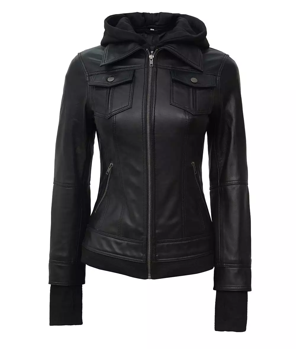 The Céleste: Womens Tall Black Bomber Leather Jacket With Removable Hood