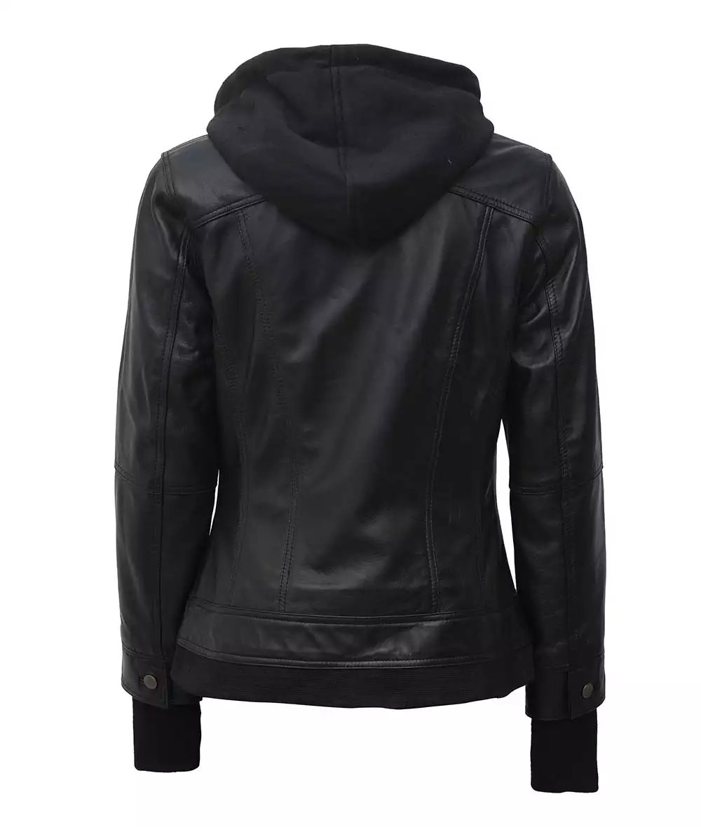 The Céleste: Womens Tall Black Bomber Leather Jacket With Removable Hood