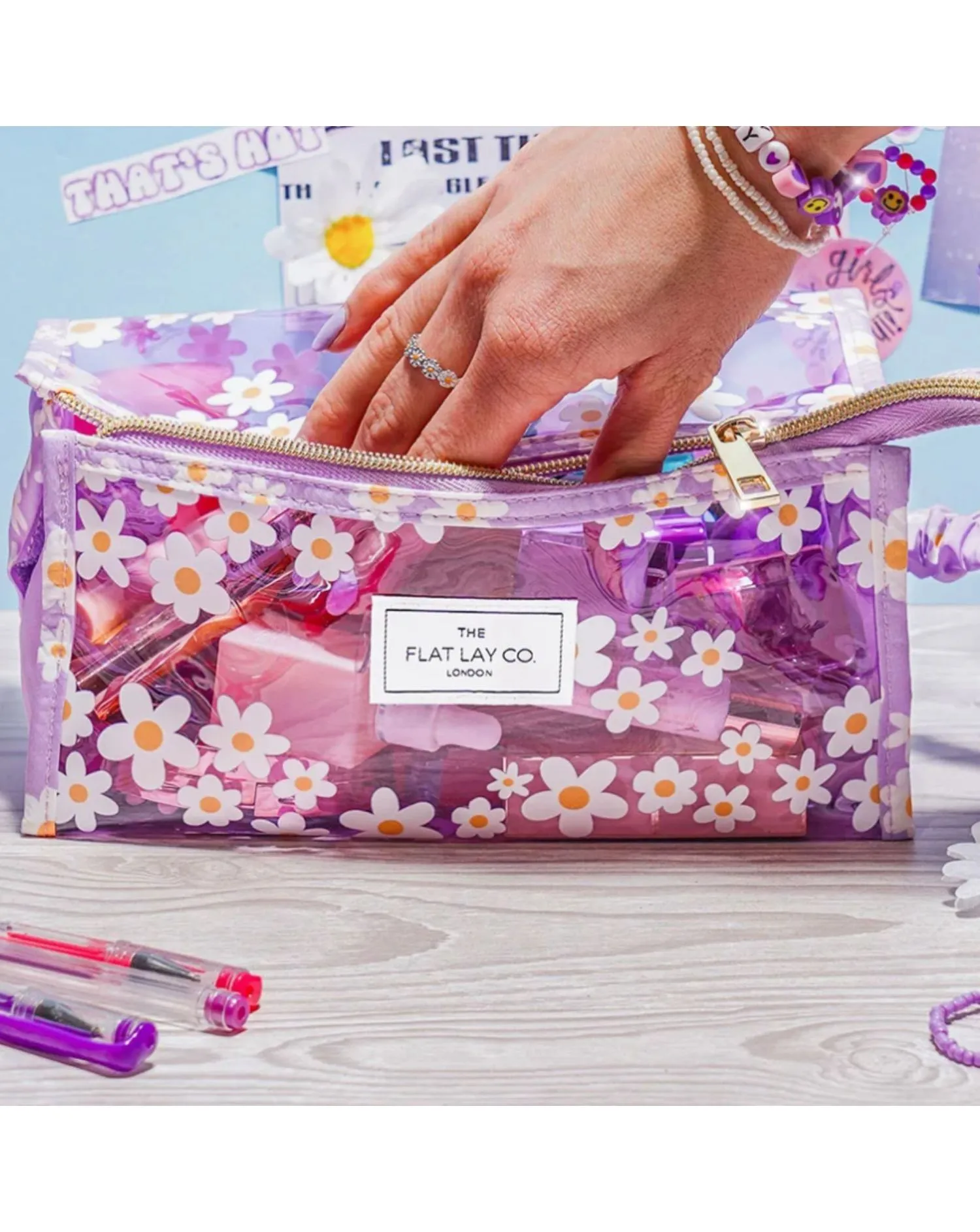 The Flat Lay Co. Lilac Daisy Open Flat Makeup Box Bag | Simply Be