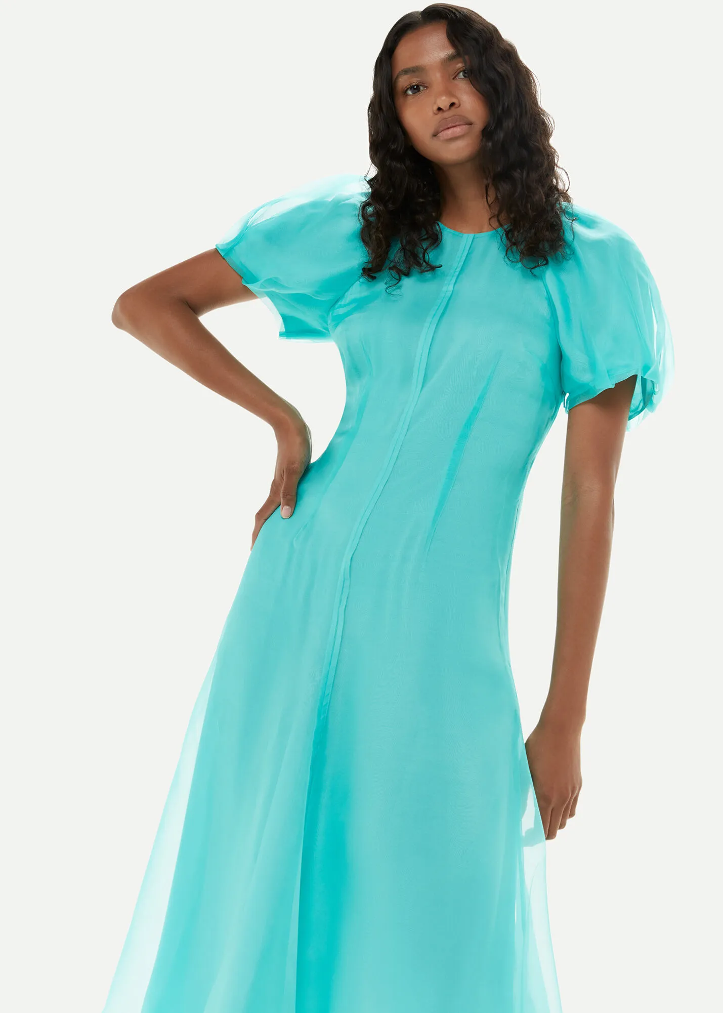 Turquoise Organza Silk Puff Sleeve Dress