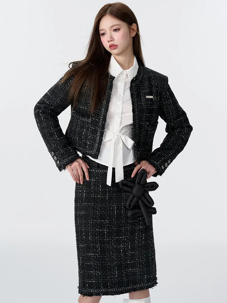 Tweed Padded Jacket & Flower Doll Straight Midi Skirt