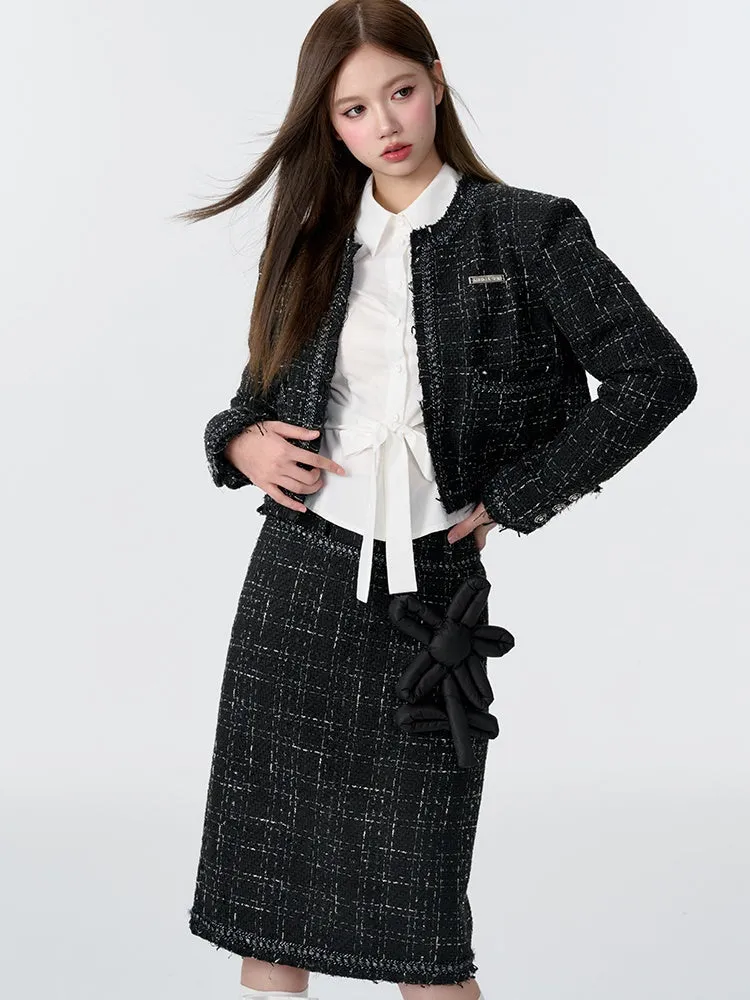 Tweed Padded Jacket & Flower Doll Straight Midi Skirt