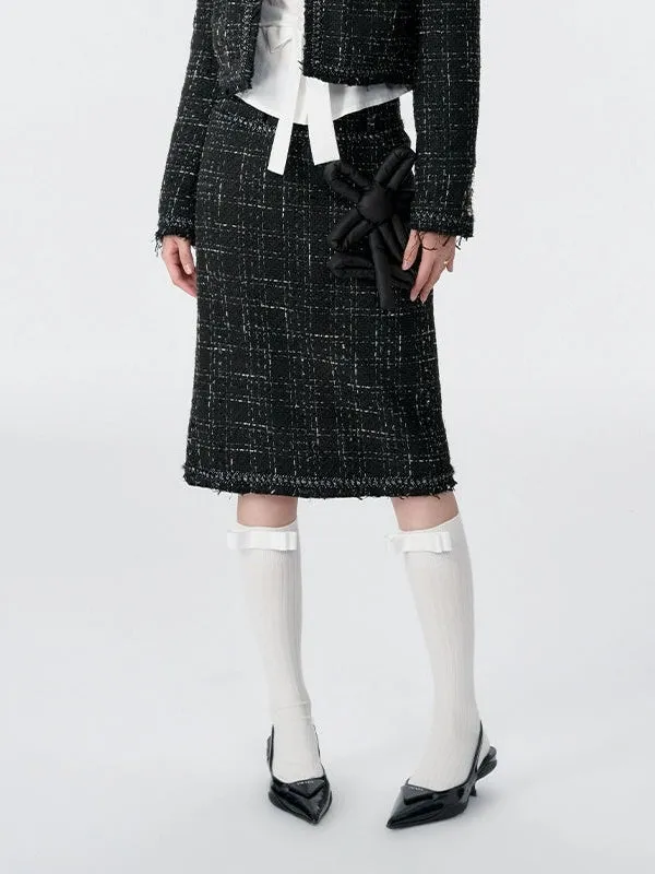 Tweed Padded Jacket & Flower Doll Straight Midi Skirt