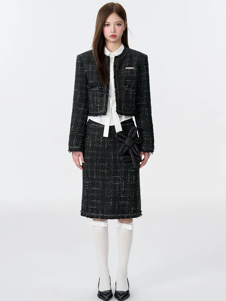 Tweed Padded Jacket & Flower Doll Straight Midi Skirt