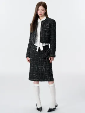 Tweed Padded Jacket & Flower Doll Straight Midi Skirt