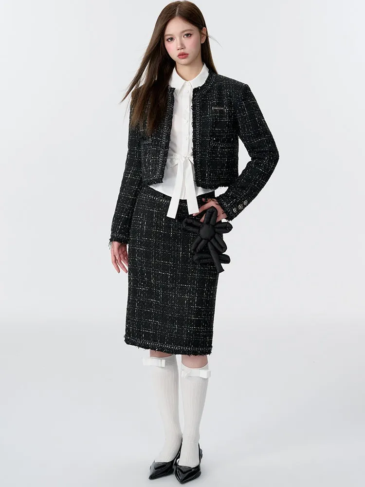 Tweed Padded Jacket & Flower Doll Straight Midi Skirt