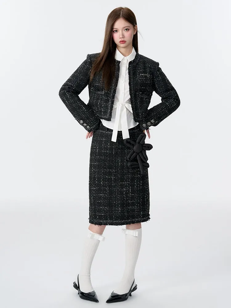 Tweed Padded Jacket & Flower Doll Straight Midi Skirt