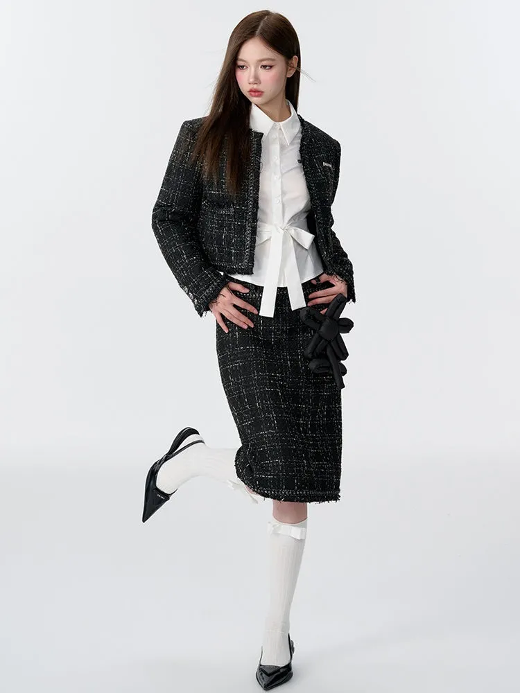 Tweed Padded Jacket & Flower Doll Straight Midi Skirt