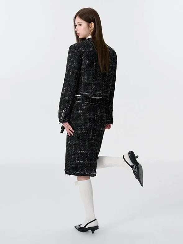 Tweed Padded Jacket & Flower Doll Straight Midi Skirt