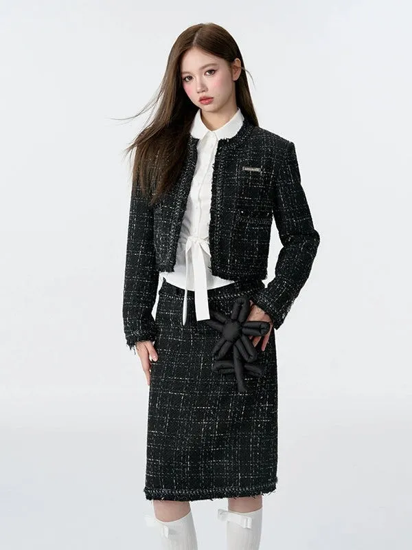 Tweed Padded Jacket & Flower Doll Straight Midi Skirt