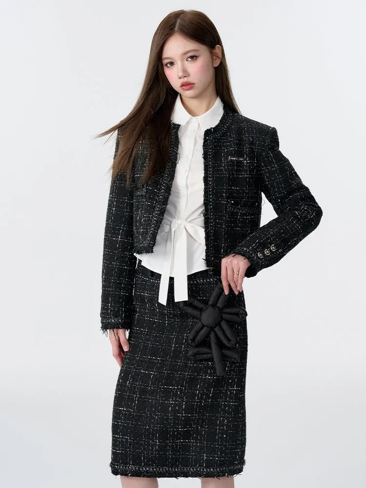 Tweed Padded Jacket & Flower Doll Straight Midi Skirt