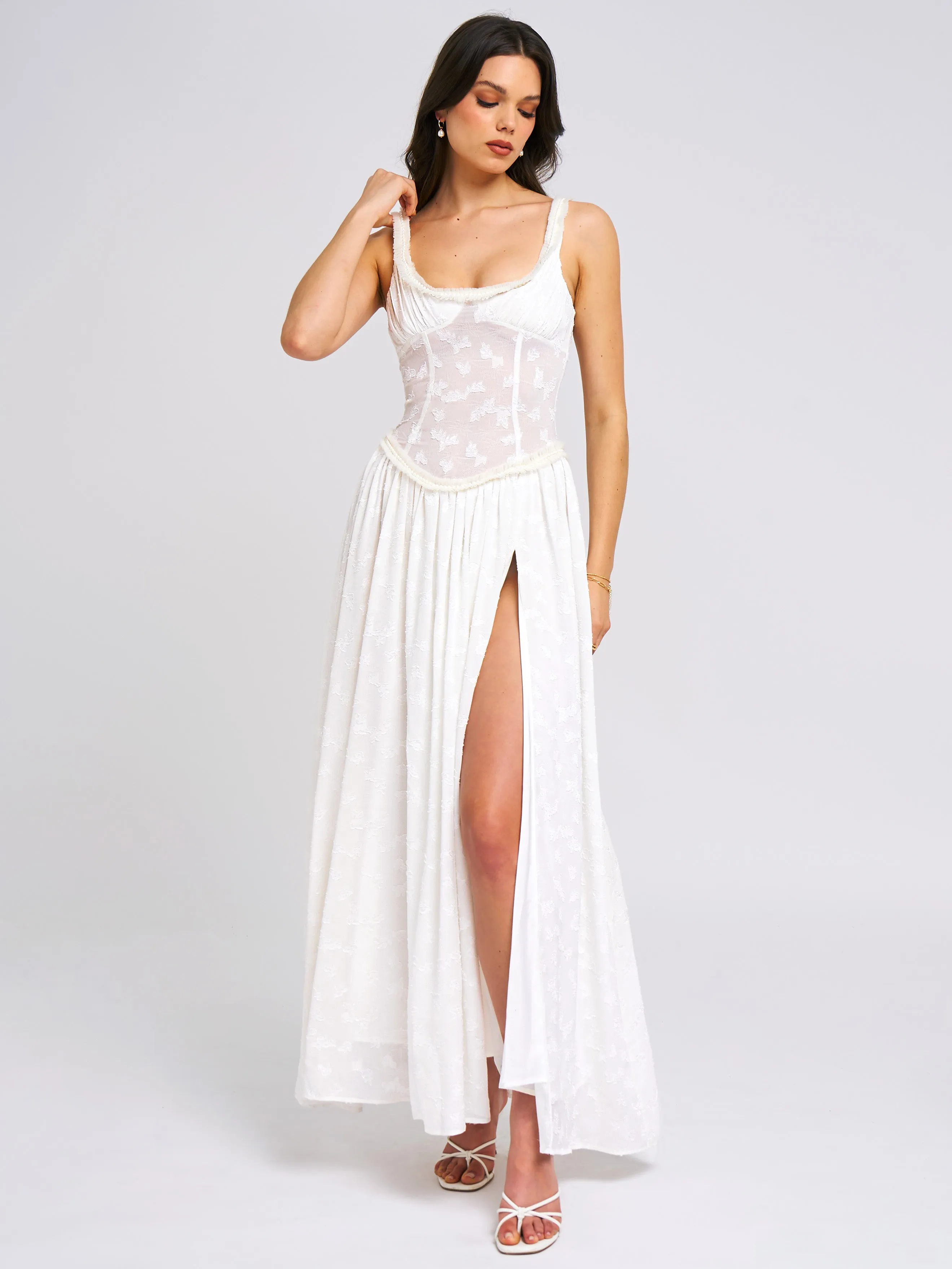 Ulissa White Square Neck Jacquard Textured High Slit Maxi Dress