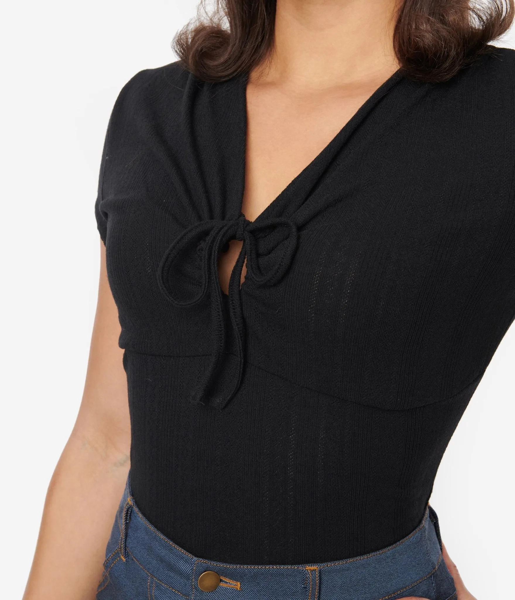 Black Keyhole Pointelle Knit Top