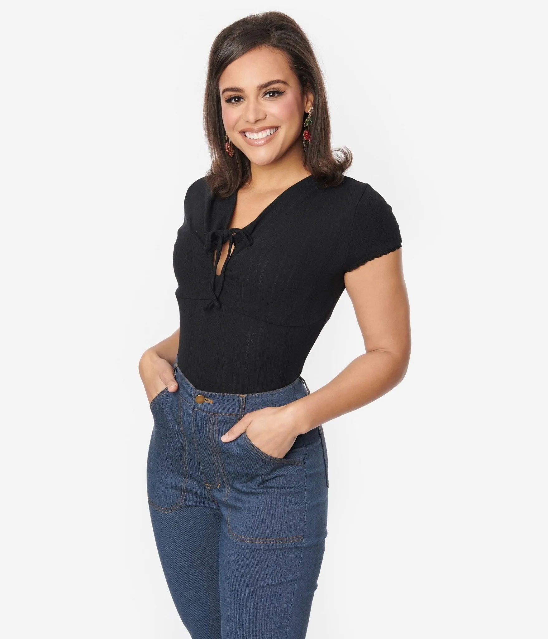 Black Keyhole Pointelle Knit Top