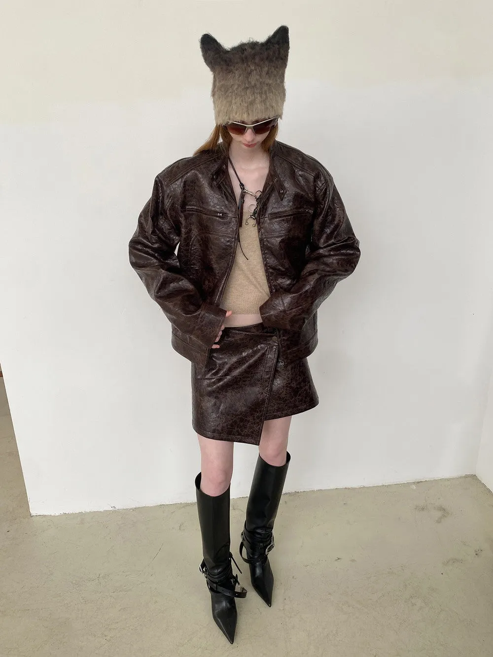 Unisex Leather Vintage Set-Up Wrap Jacket＆Skirt