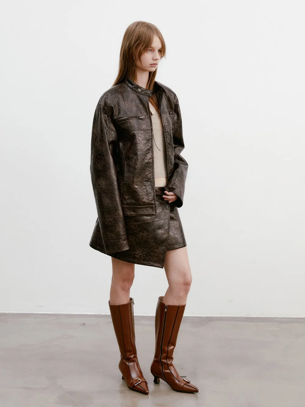 Unisex Leather Vintage Set-Up Wrap Jacket＆Skirt