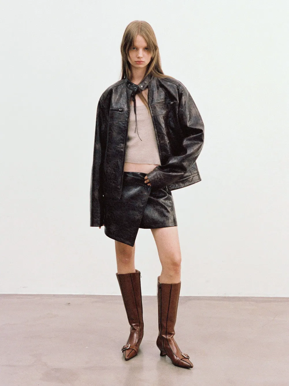 Unisex Leather Vintage Set-Up Wrap Jacket＆Skirt