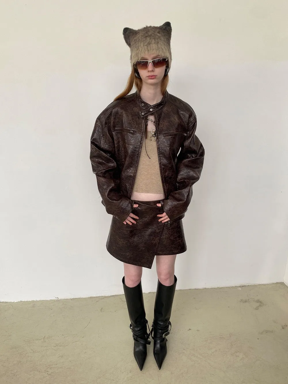 Unisex Leather Vintage Set-Up Wrap Jacket＆Skirt