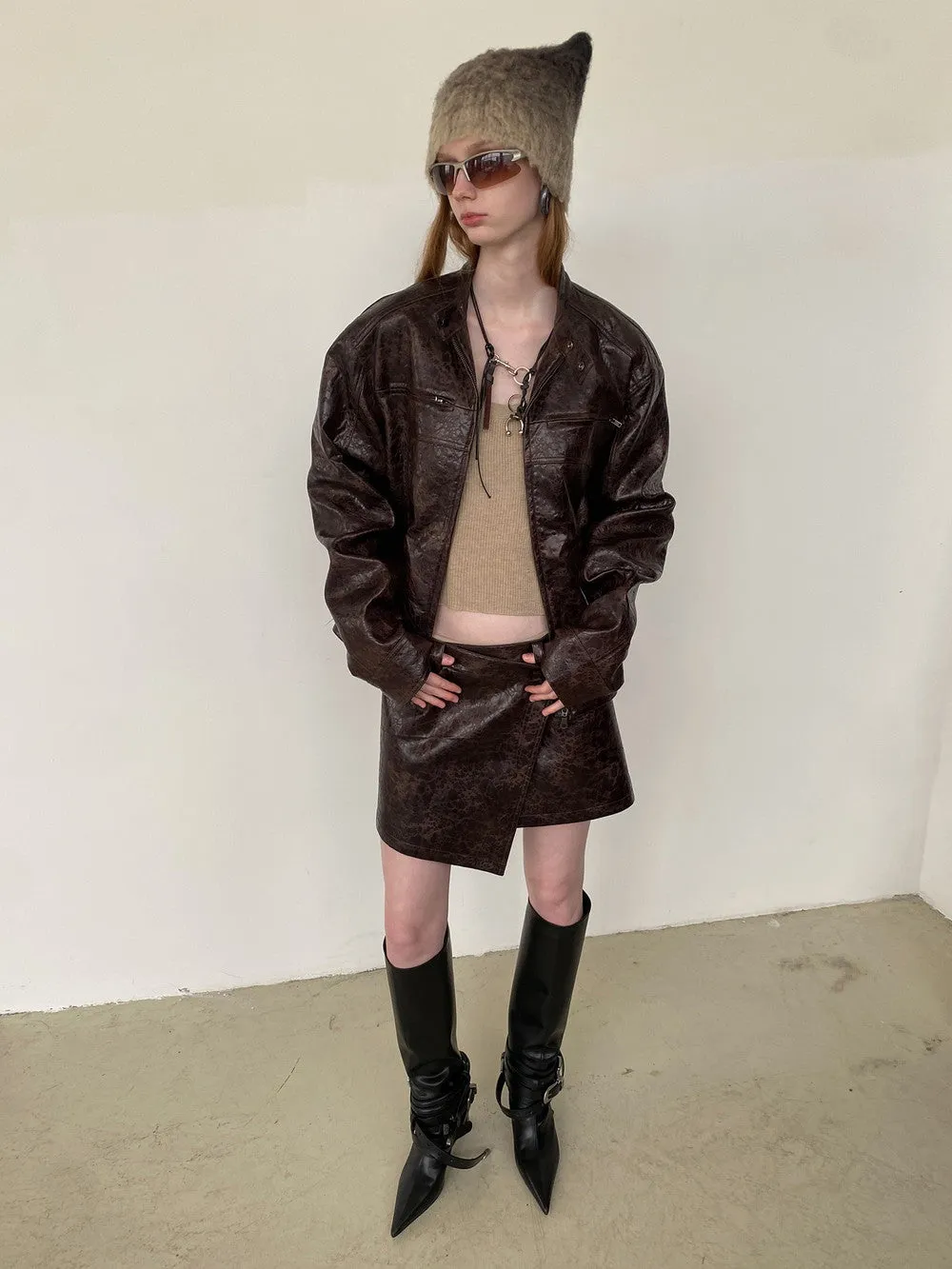 Unisex Leather Vintage Set-Up Wrap Jacket＆Skirt