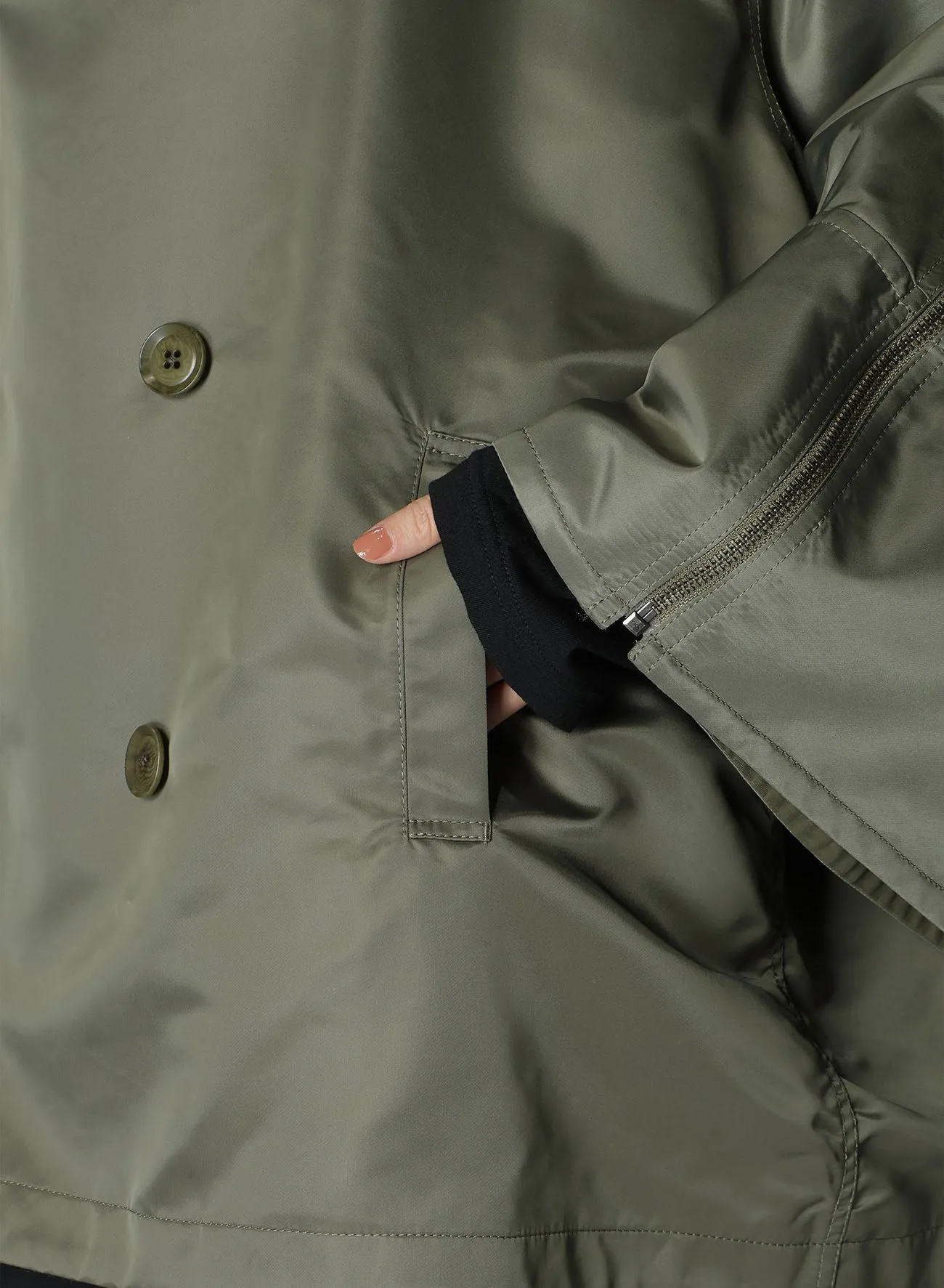 VARIOUS MATERIAL COMBINATION REVERSIBLE  SLEEVE ZIPPER COAT