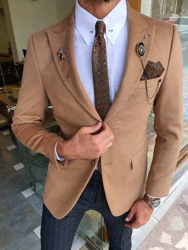 Beige Slim Fit Wool Blazer