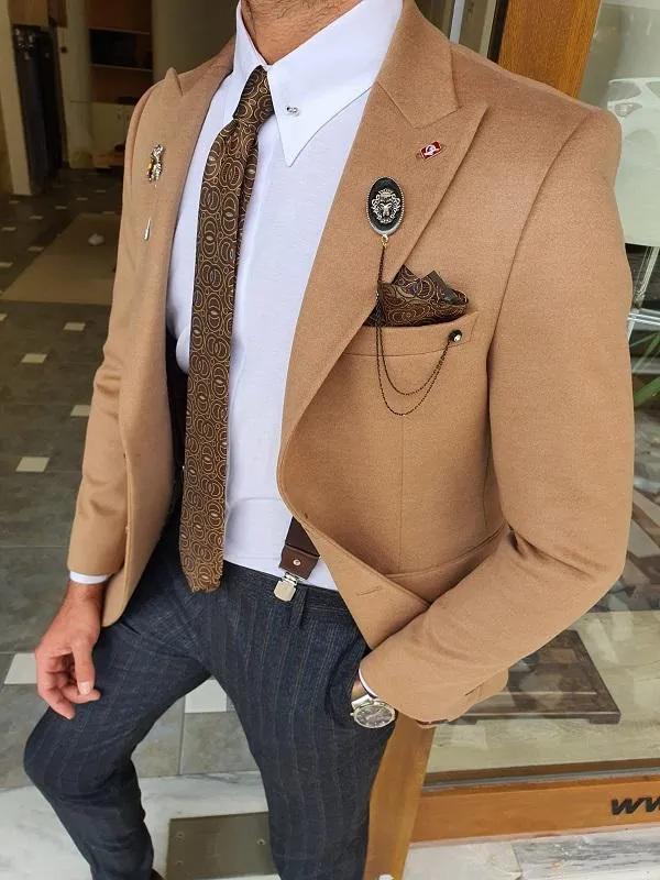 Beige Slim Fit Wool Blazer