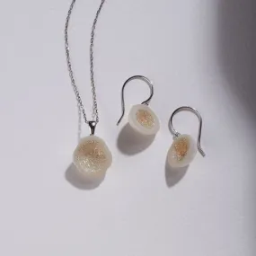 White South Sea Pearl Dangle Earrings and Pendant Set with Diamond Geode