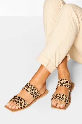 Wide Width Leopard Double Strap Square Toe Slides