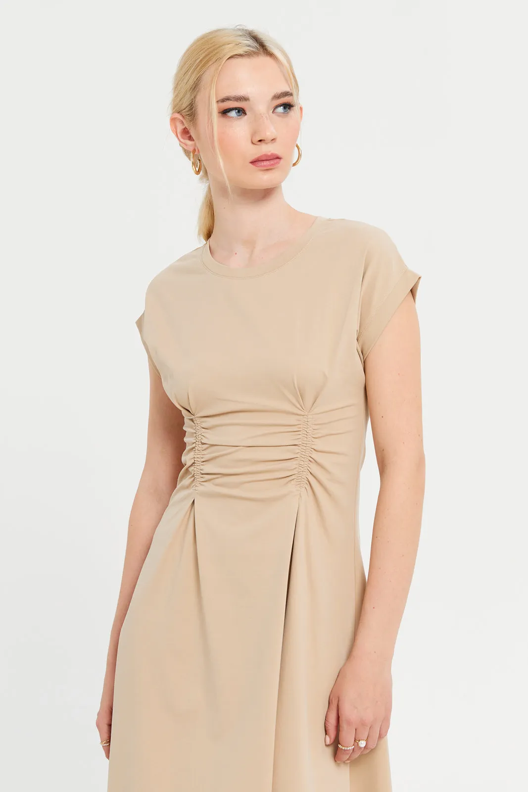 Women Beige A-Line Waist Elastic Detailed Dress