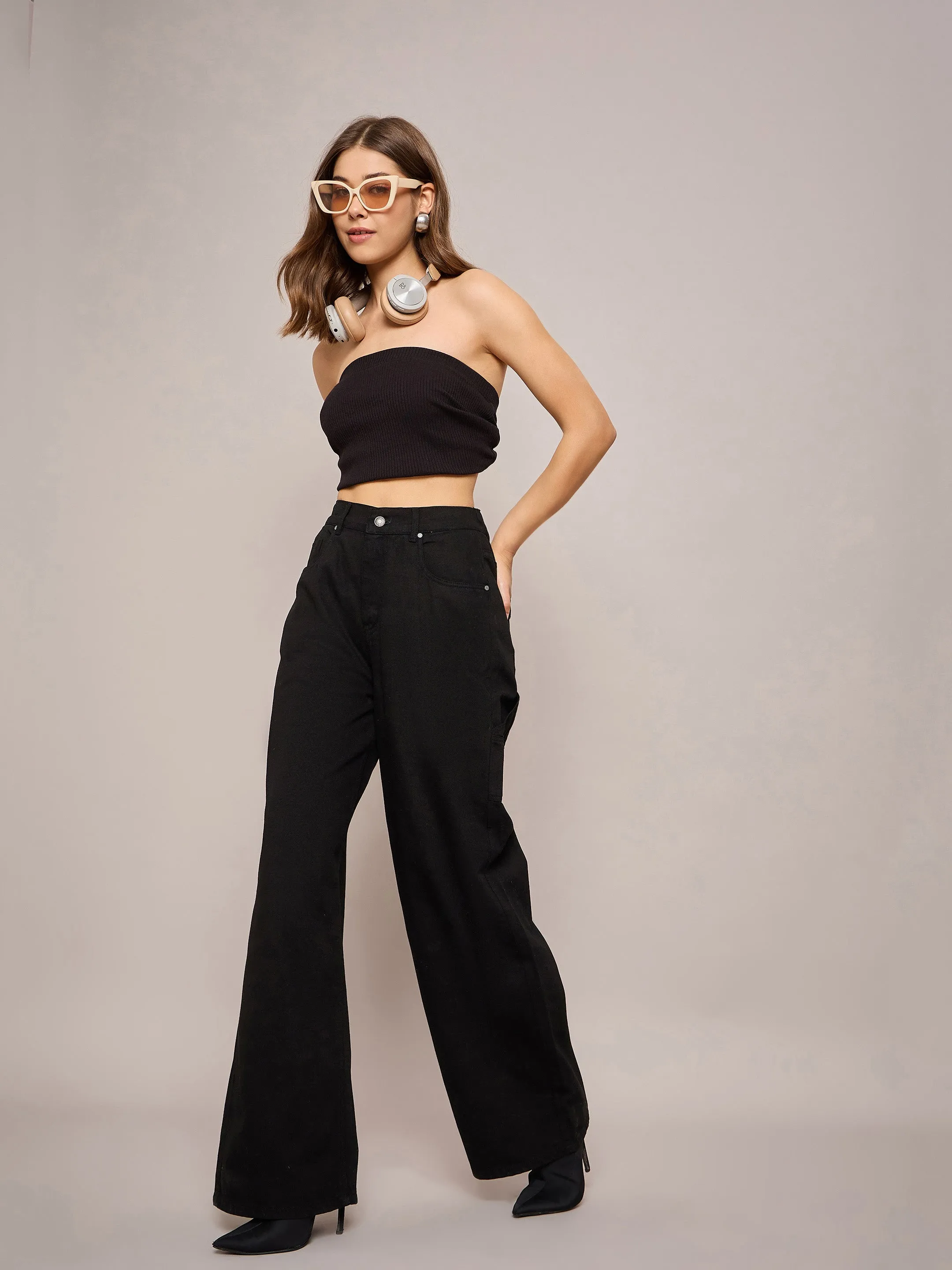 Women Black Elasticated High Waist Back Pocket Jeans