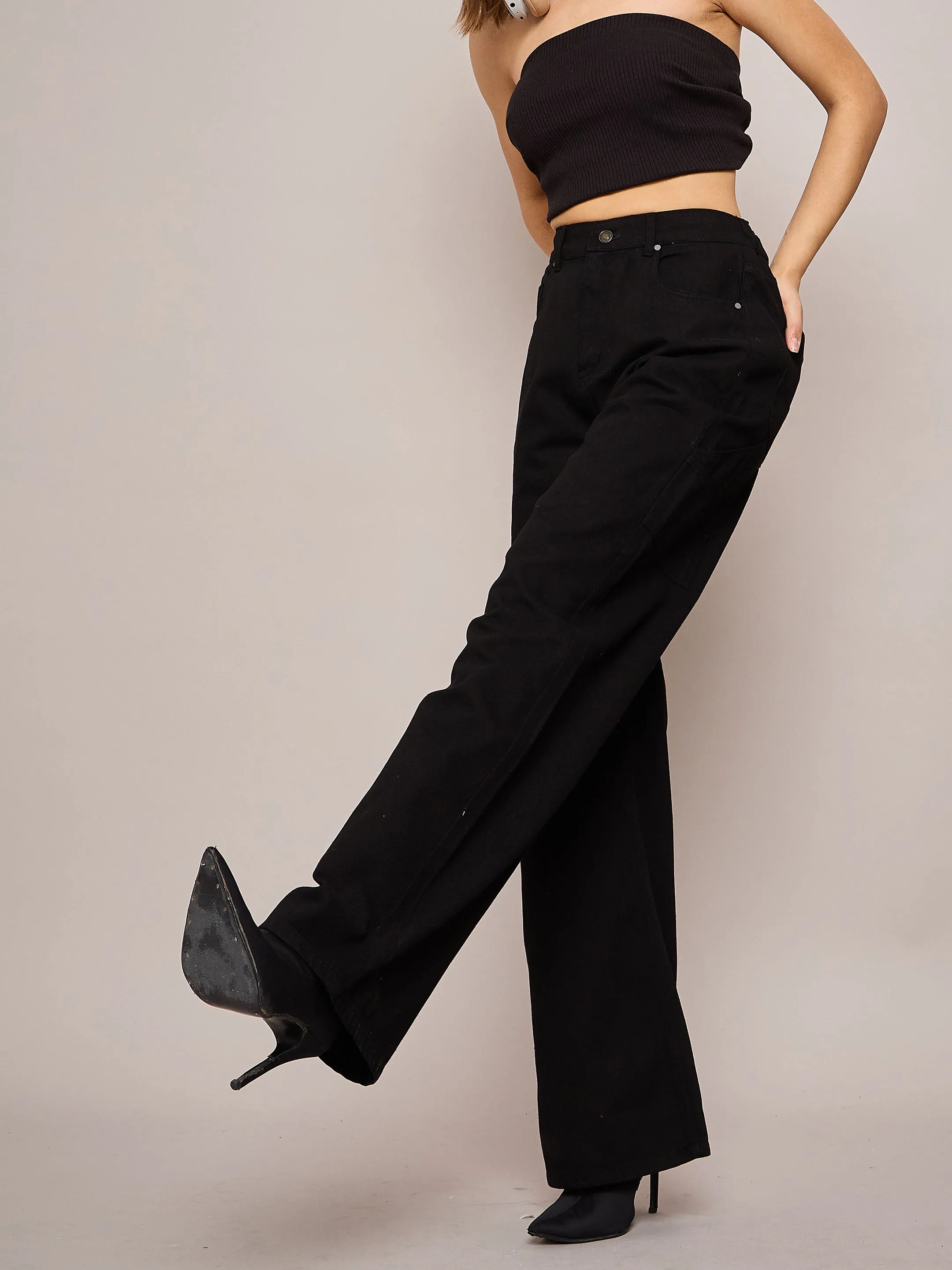 Women Black Elasticated High Waist Back Pocket Jeans