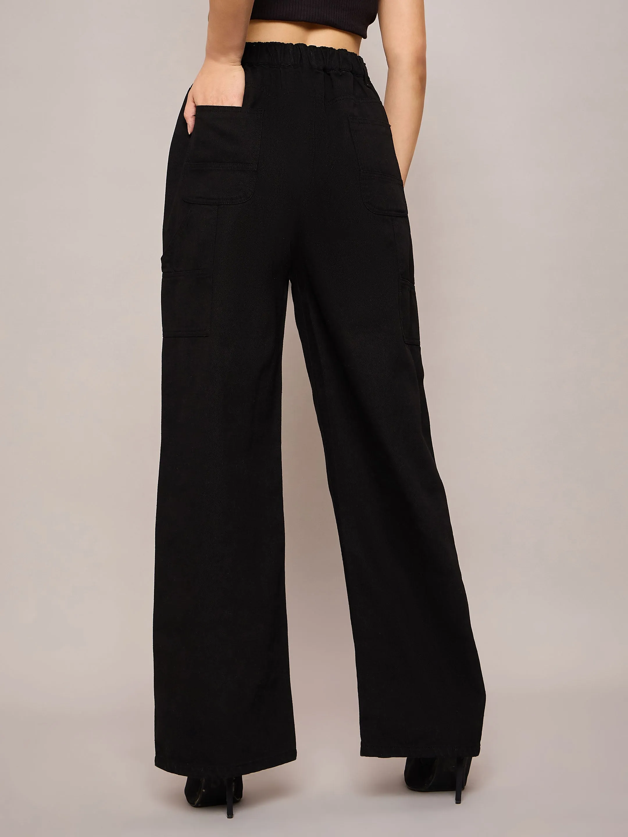 Women Black Elasticated High Waist Back Pocket Jeans