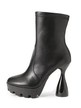 Black PU Leather Goblet Heel Round Toe Women Ankle Boots