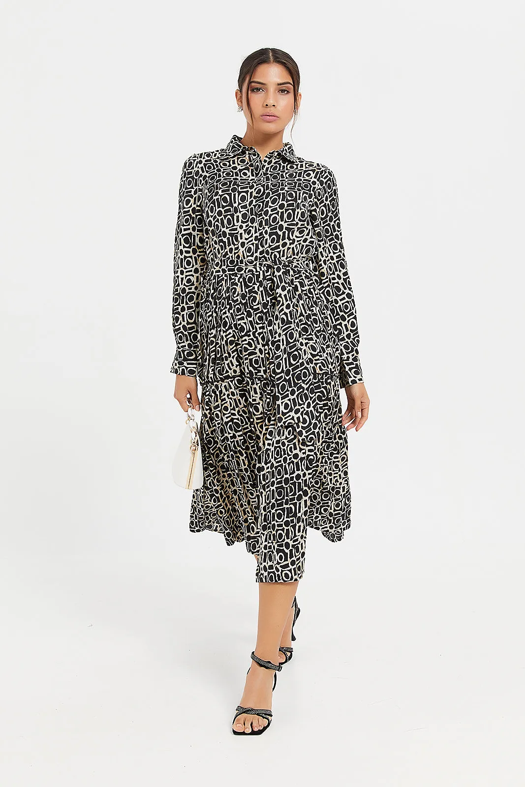 Women Brown Printed Shirt Pleated Dress