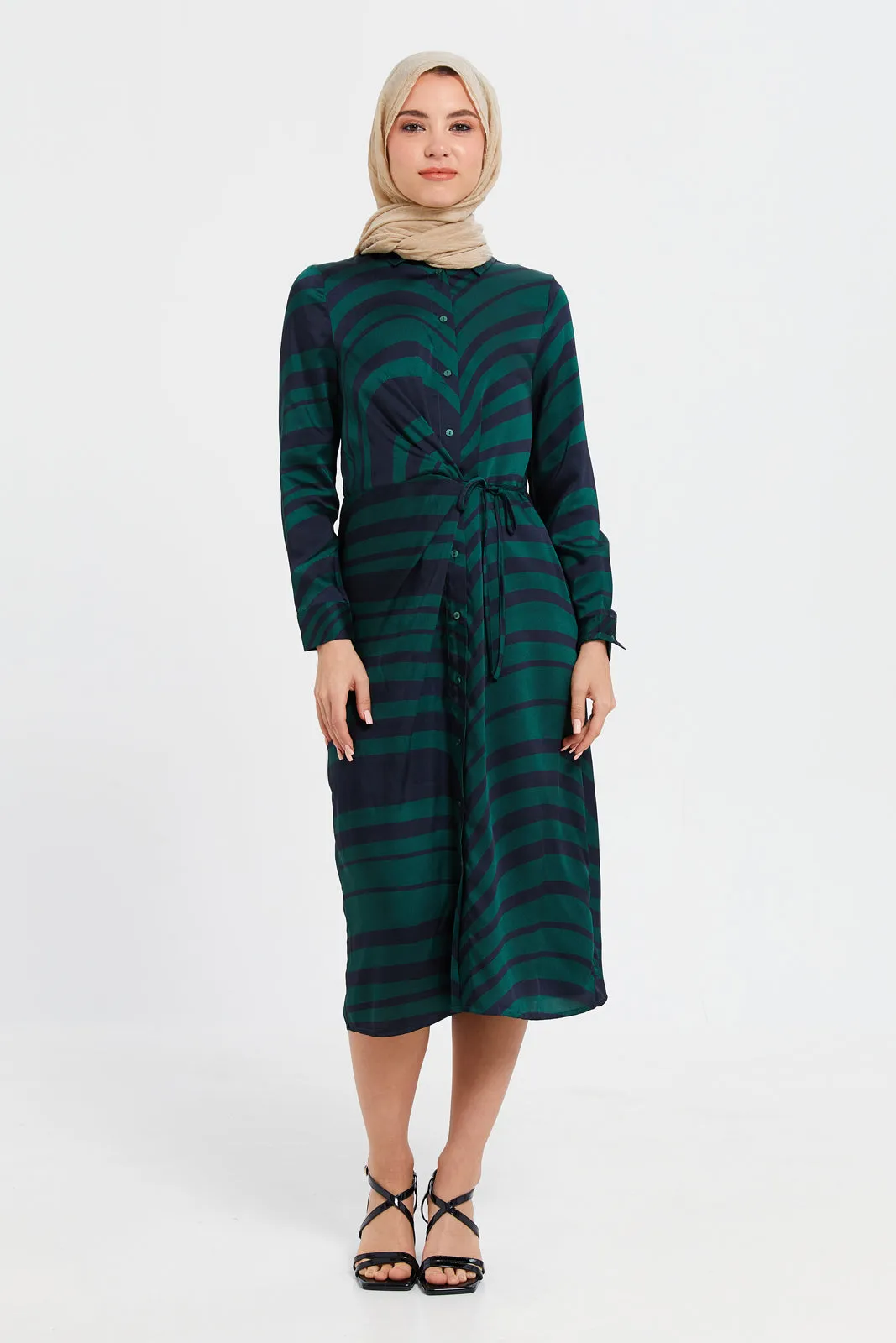 Women Green Printed Dress With Tie Detail At Front