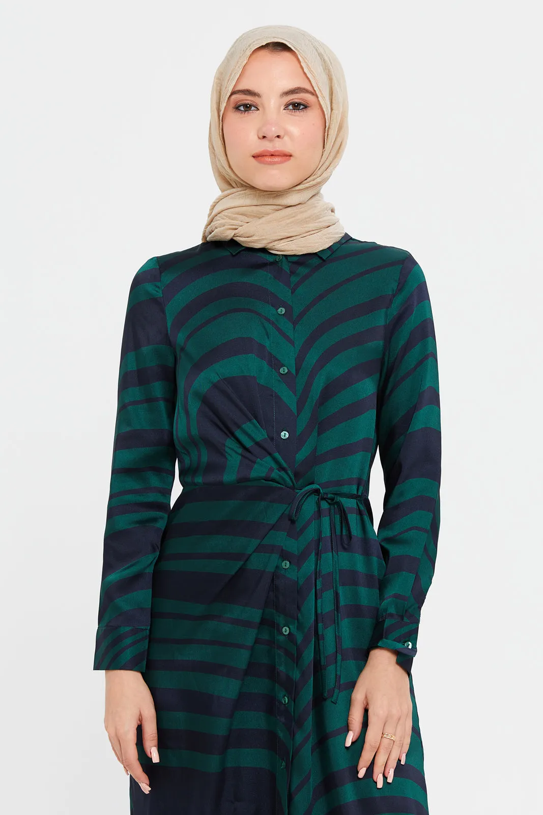 Women Green Printed Dress With Tie Detail At Front