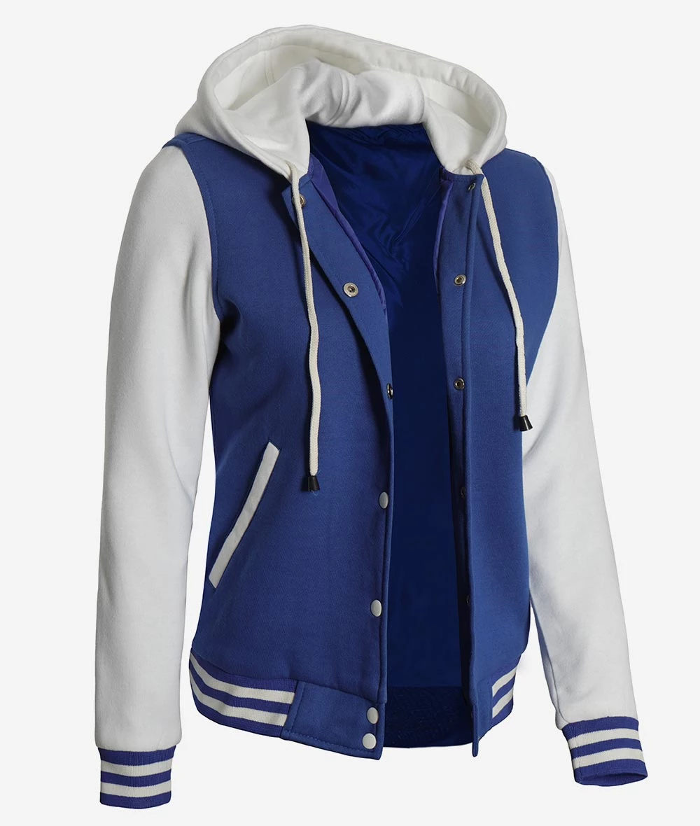 Women's Royal Blue and White Hooded Letterman Jacket