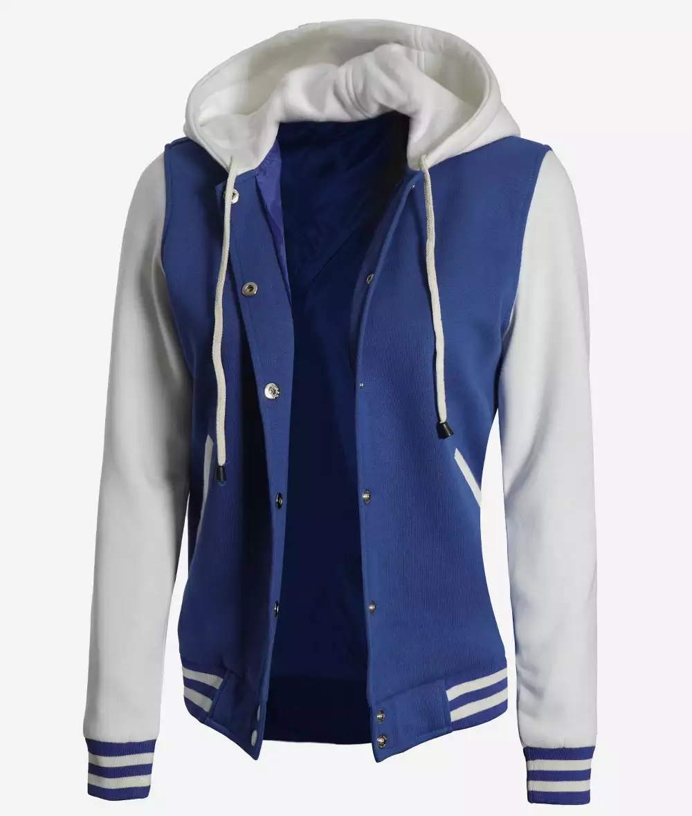 Women's Royal Blue and White Hooded Letterman Jacket