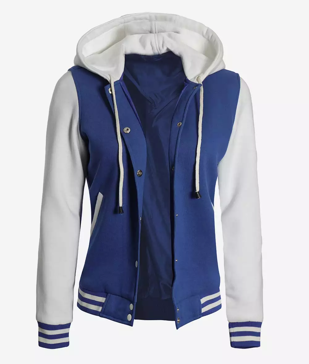 Women's Royal Blue and White Hooded Letterman Jacket