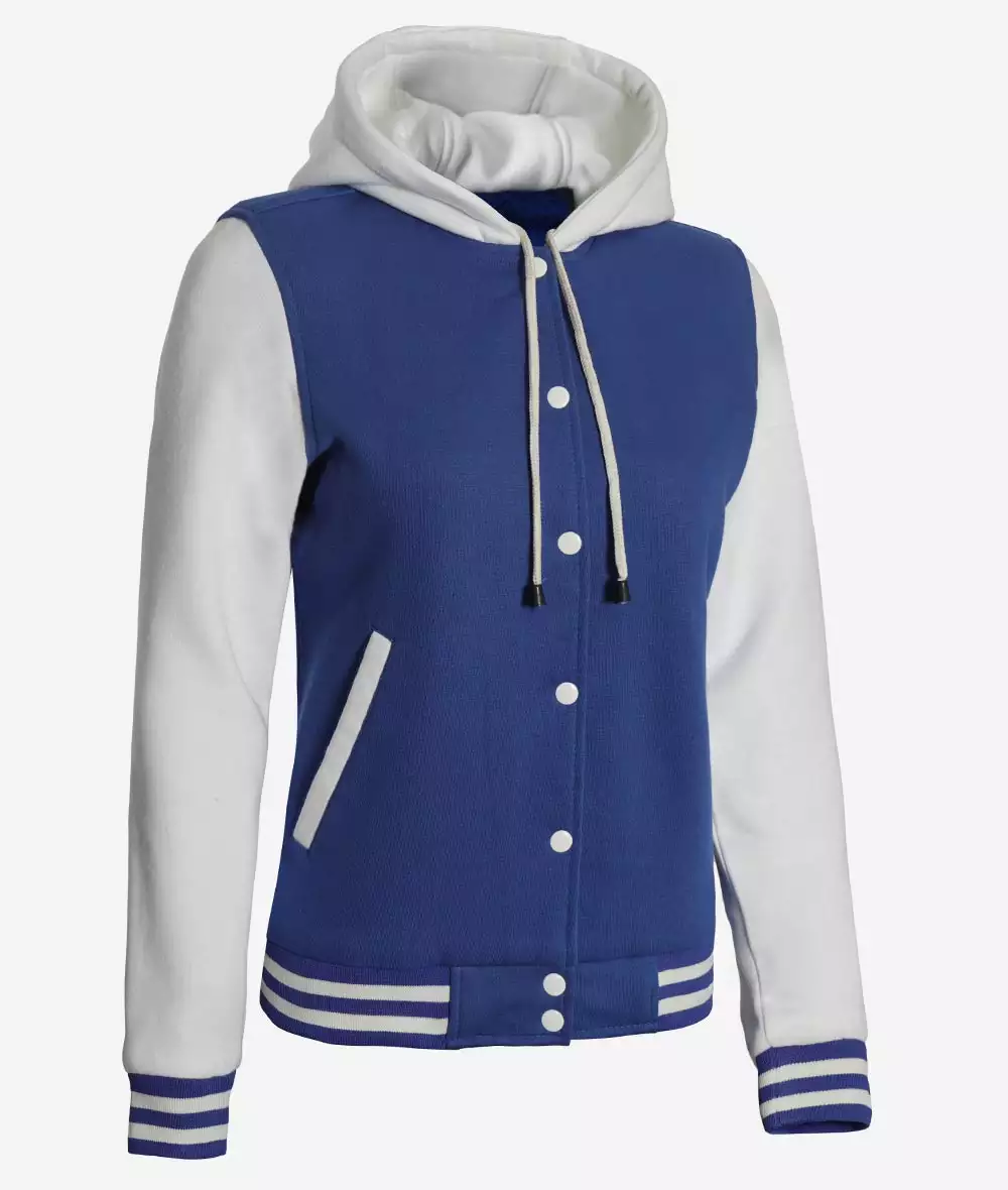 Women's Royal Blue and White Hooded Letterman Jacket