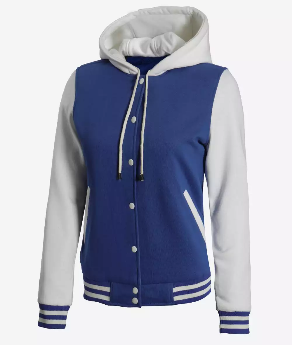 Women's Royal Blue and White Hooded Letterman Jacket