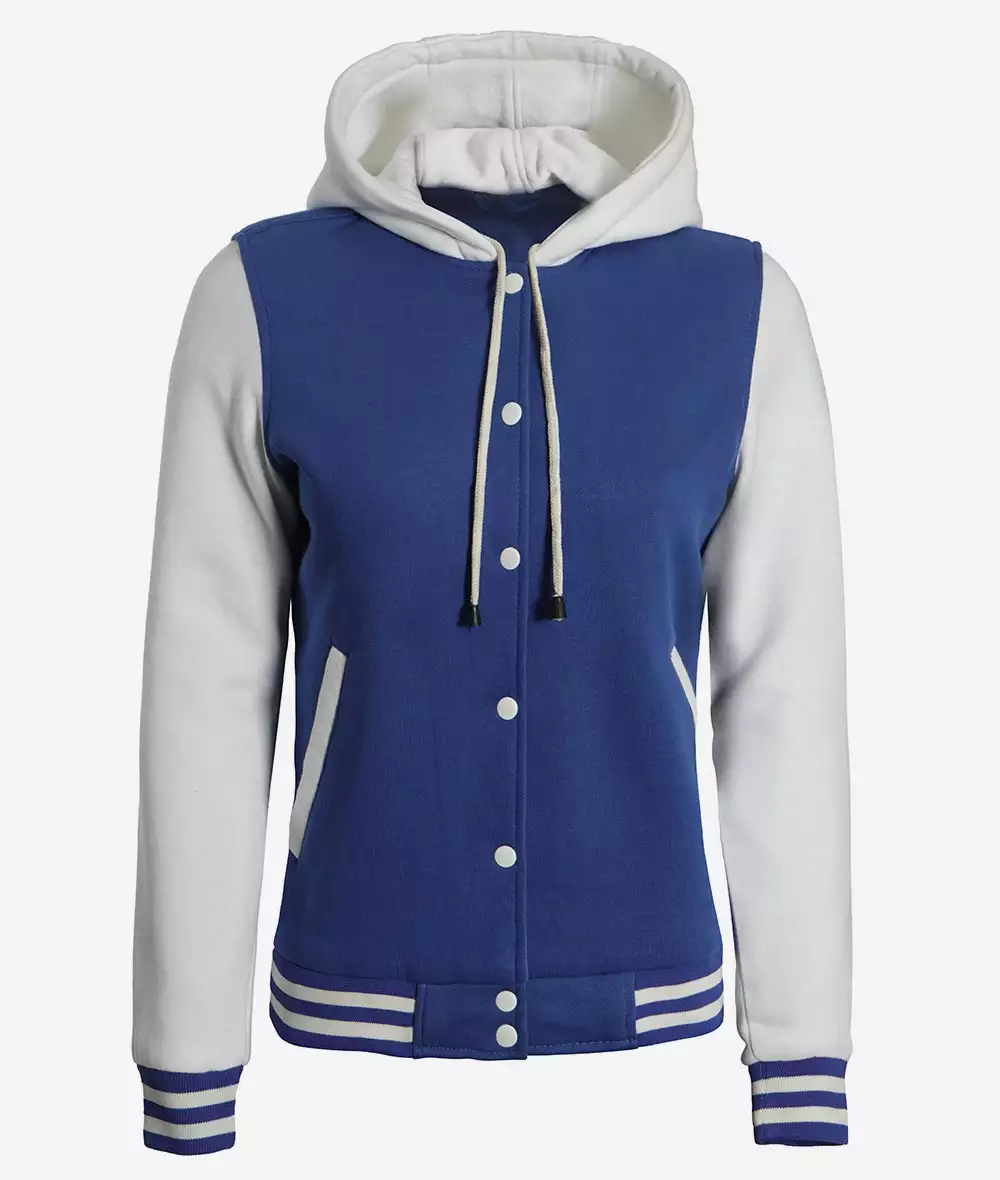 Women's Royal Blue and White Hooded Letterman Jacket