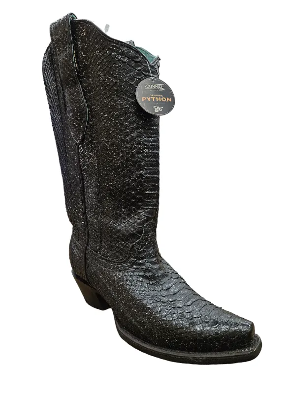 WOMEN'S BLACK GLITTER PYTHON CORRAL WESTERN BOOTS A4443